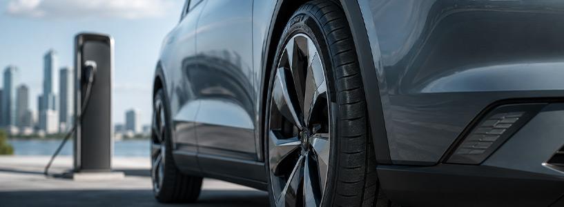 Elektroauto mit speziell entwickelten EV-Reifen auf einer Landstraße