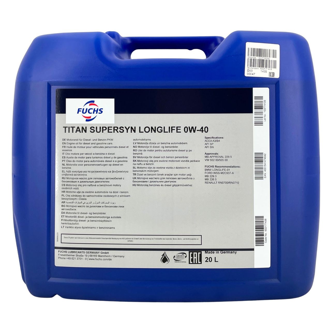 Fuchs Titan Supersyn Longlife 0W-40 20 Liter