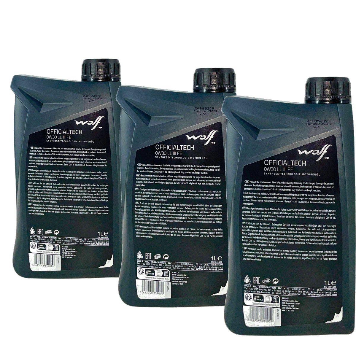 Wolf OfficialTech 0W-30 LL III FE 3x1 Liter